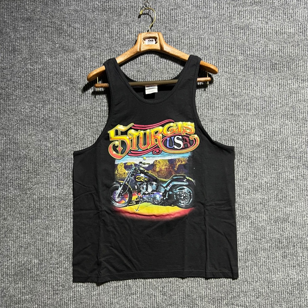 Vintage Hanes Tank Top Mens Large Black Sturgis USA Motorcycle Graphic Biker Tee
